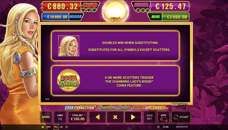 Cash Connection - Charming Lady's Boom Coins - start van de Boom Coins ronde op het 7x5 raster