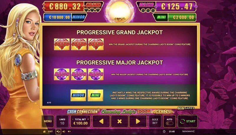 Cash Connection - Charming Lady's Boom Coins - jackpottabel Mini, Minor, Major en Grand
