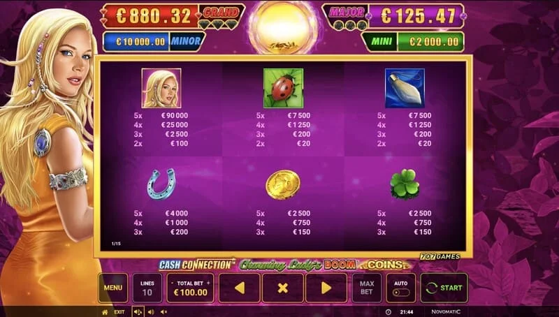 Cash Connection - Charming Lady's Boom Coins - Boom Spins minigame op het uitgebreide raster
